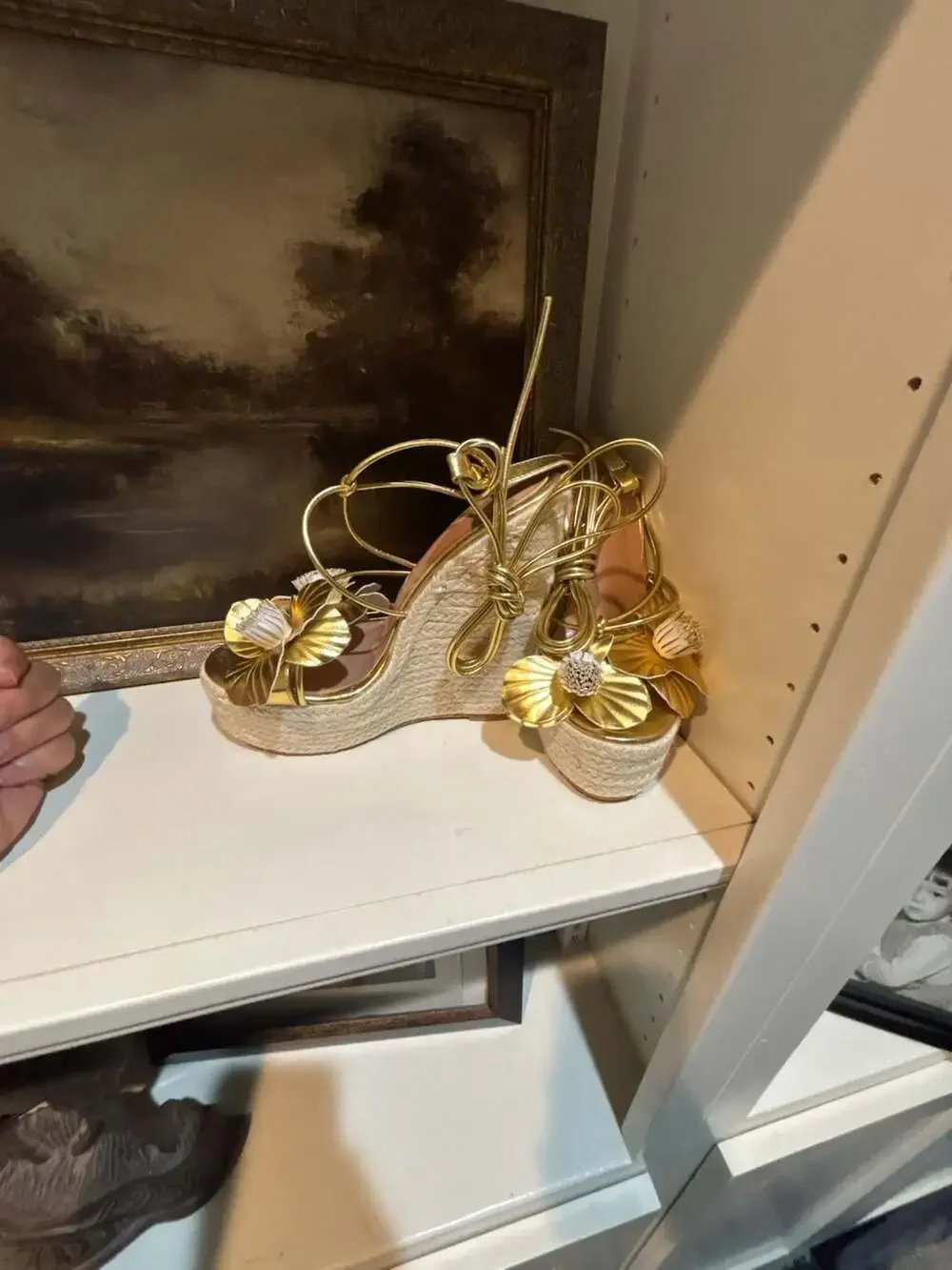 Metallic Gold Floral Espadrille Wedge Sandals with Lace-Up Detail